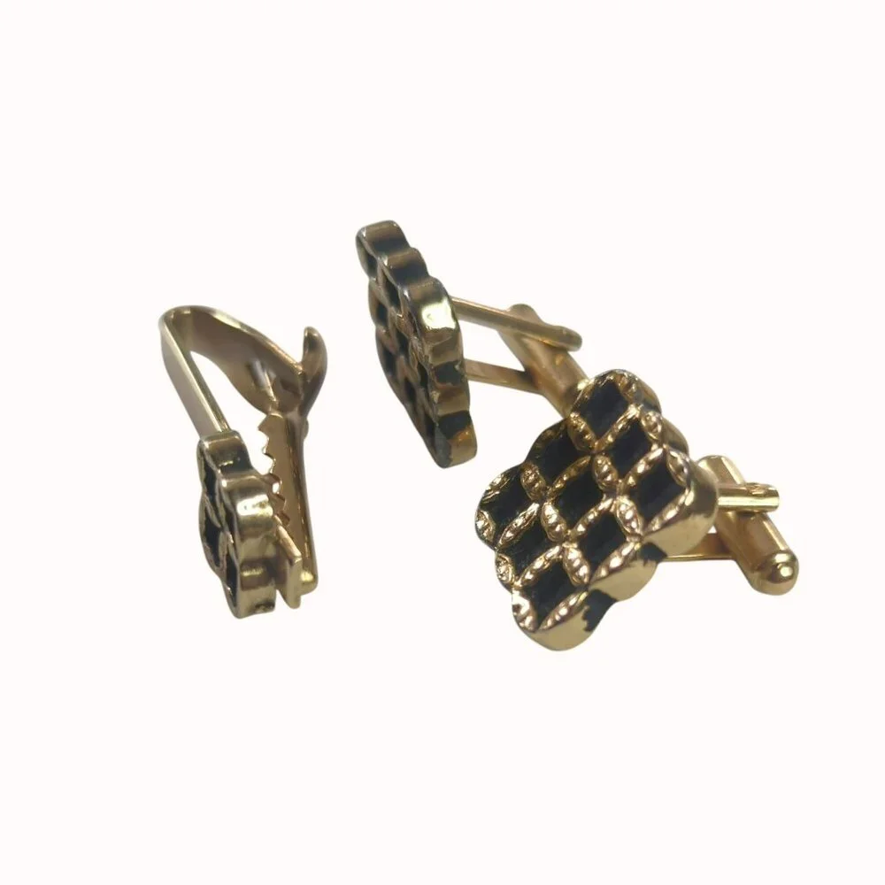Vintage Black Gold Tone Square Grid Cufflinks and Tip Clip Set
